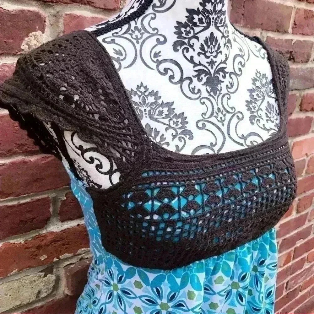 ENERGIE Crochet Rayon Babydoll Boho Hippie Cap Sleeve Flower Fit Flare Top SizeM - Picture 3 of 9